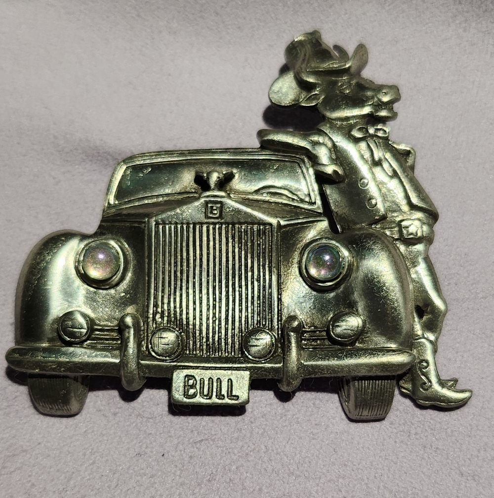 JJ Jonette Vintage Pewter Brooch Bull And Big Car